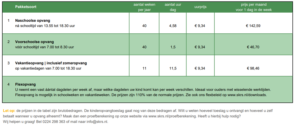 Prijsoverzicht bso WV 2026